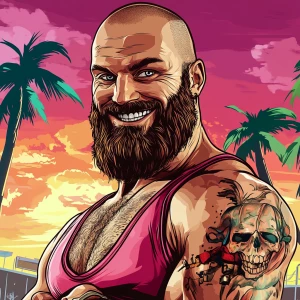 White muscular thin man with beard, big chin, smile and cheekbon...