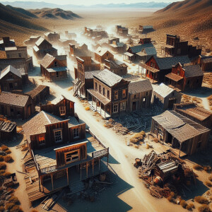 4k quality, drone over Old Western ghost Town, buildings in shab...