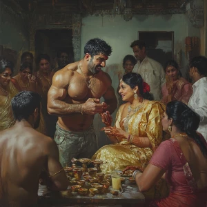 Realism painting,A muscular, sweaty man joyously celebrates Diwa...