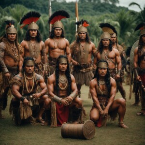 Tribe of eight polynesian warriors men and woman getting ready f...