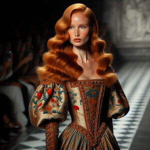 Photorealistic image. Walking down a Runway walk image. Head to...