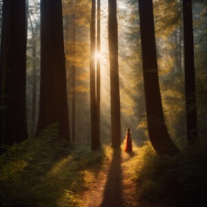 "A young woman with an aura of beauty strolls through an enchant...