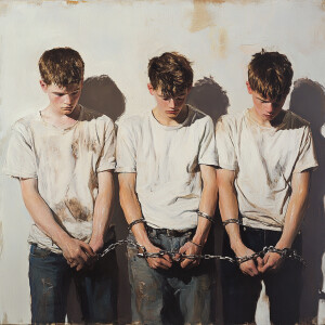 Three white teenage boys, handcuffed