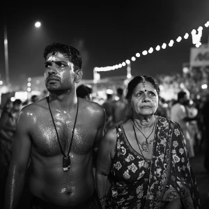 A muscular Gujarati man, glistening with sweat, walks beside his...