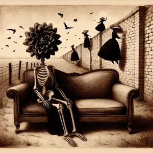 A skeleton with a large black dahlia for a head is sitting on a...