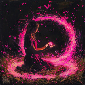 A woman is seated in the grass, radiating pink light energy from...