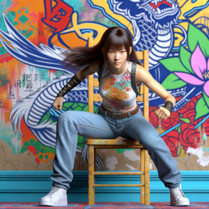 Athletic Thin skinny Attractive, Asian teenage girl, long brown hair and bangs, wearing tight skinny jeans and a halter top paint marks on her clothing, heroic pose Asian graffiti background, straddling a backward chair