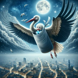 "High above the sleeping city, a colossal stork glides through t...