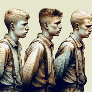 Three male Caucasian teenagers walk   with their hands behind th...