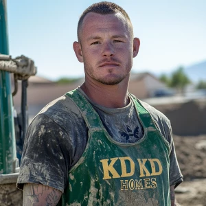 Brian Nobles a real 28 year old Caucasian male who is using  a concrete mixer, he is a  pump operator holding the hose which carries the liquid concrete to the foundation pour, Brian is slowly  beginning his transition into adult maturity , Brian Nobles is beginning to look like a grown man, he has large reflective brown eyes and a wrinkled brow,Brian is now balding , prominent large protruding round fat obese belly,,thick goatee beard, healthy muscle mass ,very noticeable male pattern balding hairline, Brian Nobles now has a  prominent receding and thinning male hairline (onset male pattern baldness), slightly fat overweight(Caucasian)wearing tight body conforming  glossy satin shiny green and gold tight fitting body conforming UnderArmour athletic bodysuit,emblazoned with the "KD HOMES" real estate logo, standing confidently in front of a newly completed constructed new KD HOME in Victorville California in a raw desert landscape. Brian has a protruding fat obese muscular physique, large male bulge, fat obese muscular frame , shows a substantial frame with a noticeable mature hairline and expressive eyes. His workman’s  pose should reflect his experience in his trade.