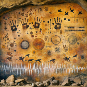 Cave Art with Handprints symbols for fire, water and air, macro, circuitry, cellular structures, DNA paint brushes and artc pallets small birds, flying cardiogram print out slide detector print electromagnetic fields linear grid golden ratio