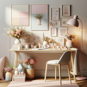 "Create a realistic-looking image of an art studio desk with a p...