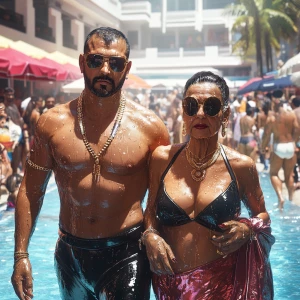 Photorealism,a muscular beefy criminal man walking with his swea...