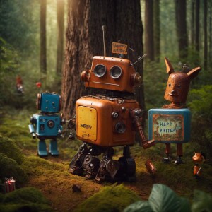 photorealistic image. rusty robot in a forest surrounded by his...