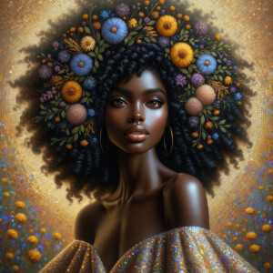 Imagine a painting of an African-American woman with deep brown...