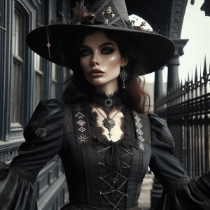 Victorian gothic witch wearing a witch hat