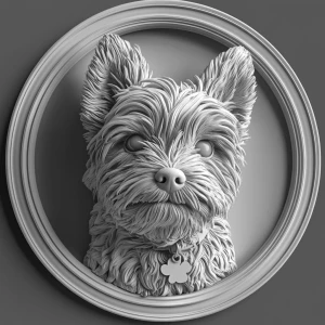 Create a 3D bas-relief image of a cute yorkie in grayscale with...