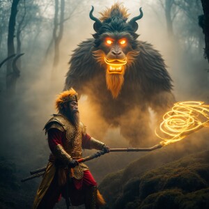 Create Wukong, the Monkey King, wielding a glowing golden staff...