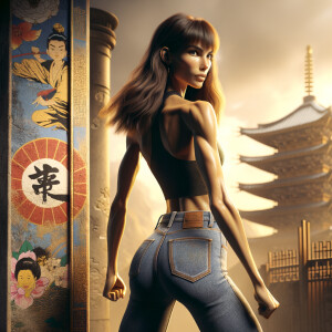 Athletic Thin skinny Attractive, Asian teenage girl, long brown hair and bangs, wearing tight skinny jeans and a halter top paint marks on her clothing, heroic pose Asian graffiti background, backside view