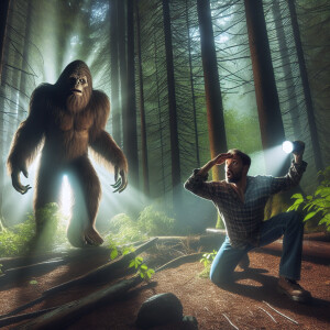 A sasquatch with human-like features emerging from a forest, sta...