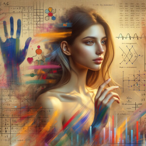 Abstract, minimalist, painting, with pencil line, paint stroke, gestures, colorful marks, mathematical equations, electrical cardiogram, printouts complex math formulas, dna asian teen girl