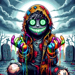 The scene features a character in a tattered, hooded outfit, rem...