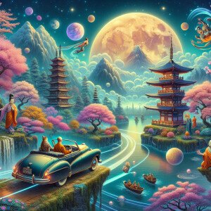 the cat in the car driving to the moon