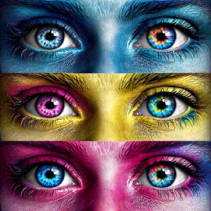 multicolored eyes, prominently featuring shades of blue, pink, a...