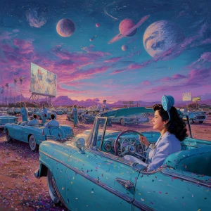 surreal retro-futuristic drive-in theatre on the red deserts of...