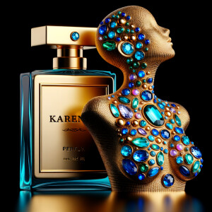 Create a 3-D realistic gold and blue, colorful jewels perfume b...