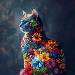 Imagine a cat with a body covered in a vibrant array of blooming...