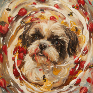 Shih tzus face surrounded by a swirl of honey bees, strawberry s...