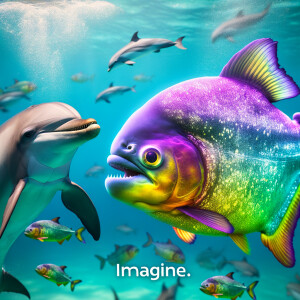 Purple lime piranha no teeth playing with a dolphin