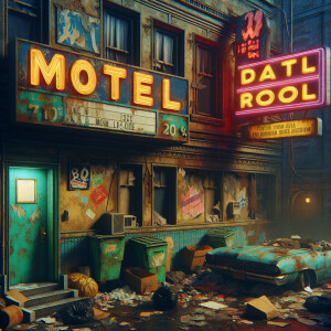 A rundown motel room exterior with chipped and peeling paint, cr...