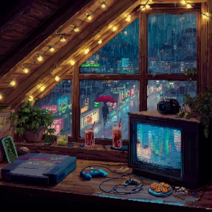 A cozy attic room at night during heavy rain, viewed from inside...