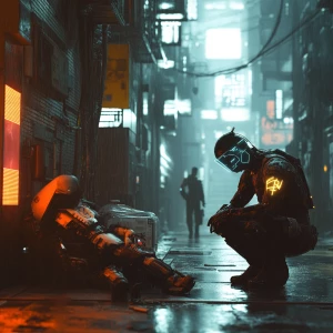 A gritty cyberpunk medic with glowing neon tattoos, crouched in...