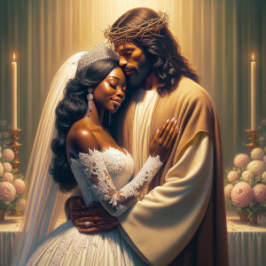 Imagine a hyper-realistic oil painting that captures a tender moment between theAfrican American bride and her God. The setting is intimate and filled with soft, warm lighting that enhances the emotional depth of the scene. The bride, in herexquisite wedding gown, shares a heartfelt embrace with her african-American Lord Jesus , who is dressedin an elegant outfit that complements the wedding's color scheme. Their expressions are full of love, pride, and joy, reflecting the special bond between them. Theattention to detail is paramount, from the intricate designs of their dresses to the subtle emotions conveyed in their facial expressions. The background is a blur ofgentle pastel hues, ensuring that the focus remains on this touching moment. Thispainting should convey the warmth, love, and depth of the relationship, with the rich textures and vibrant strokes characteristic of oil paintings, capturing the essence of this significant pre-wedding moment.