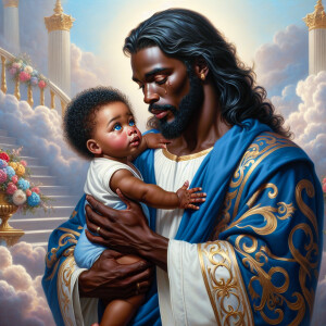 Classical oil painting style depicting an African-American Jesus...