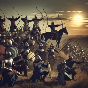 Archers poised on a hilltop, drawing their bows as the setting s...