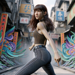 Athletic Thin skinny Attractive, Asian teenage girl, long brown hair and bangs, wearing tight skinny jeans and a halter top paint marks on her clothing, heroic pose Asian graffiti background, backside view