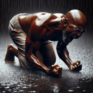 A 62-year-old bald African American male on his hands and knees...