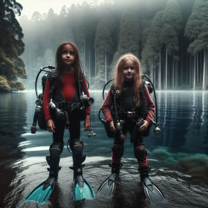 Two girls in scuba gear are standing near the lake and there is...