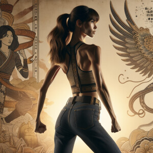 Athletic Thin skinny Attractive, Asian teenage girl, long brown hair and bangs, wearing tight skinny jeans and a halter top paint marks on her clothing, heroic pose Asian graffiti background, backside view