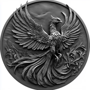 Design a high-contrast grayscale bas relief of  the phoenix with...