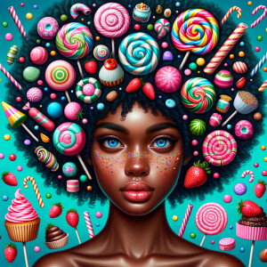 A digital portrait of an African-American girl with an elaborate, curly afro adorned with whimsical confectionery decorations like swirl lollipops, candies, and strawberries. Her eyes are a captivating blue, and her cheeks are dusted with freckles that resemble sprinkles. The background is a vibrant teal, filled with a fantastical assortment of sweets, including a prominently displayed cupcake with pink frosting. The image is lively and colorful, capturing a playful, candy-themed fantasy.