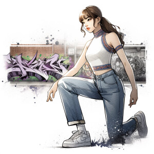 Athletic Thin skinny Attractive, Asian teenage girl, long brown hair and bangs, wearing tight skinny jeans and a halter top paint marks on her clothing, heroic pose Asian graffiti background, side view