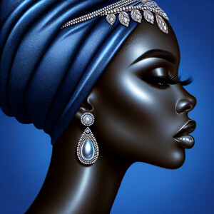 Create an airbrushed digital portrait of an animated
African-American woman in profile against a solid cobalt
blue backdrop. Her radiant skin, strikingly long eyelashes, a
pronounced nose, and voluminous natural glossy lips are
showcased. She wears a headwrap adorned with intricate
diamond patterns. Large, elegant pearl drop earrings
complete her appearance, showcasing the entire headshot
details with a focus on sophistication and grace. The digital
art should highlight her striking features against the vibrant
background, creating a visually stunning piece.