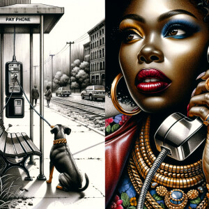 Ink wash: Pay phone booth landscape. An African American mahogan...