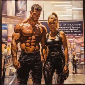 "Realism art,A well-built, muscular man with sweat glistening on...
