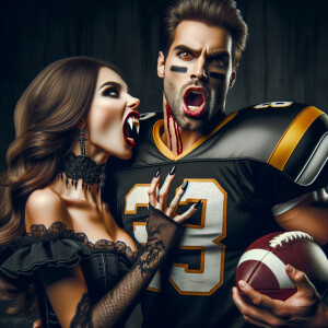 Female Dracula biting a handsome football quarterback in his nec...